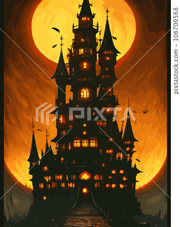 halloween night vector background. creepy halloween castle. scary castle vector illustration vertical poster. set for background, poster or flyer 106700568