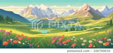 The landscape in different places is rich and magnificent. Vector background illustration. Panorama of the green mountain in the national park. Blooming alpine meadow. 106700630