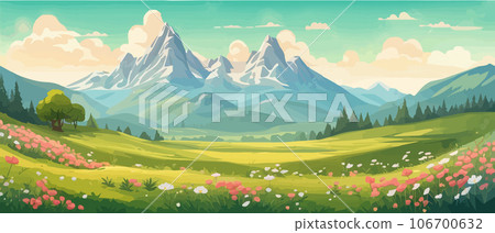 The landscape in different places is rich and magnificent. Vector background illustration. Panorama of the green mountain in the national park. Blooming alpine meadow. The landscape in different places is rich and magnificent. Vector background illustration. Panorama of the green mountain in the national park. Blooming alpine meadow. 106700632