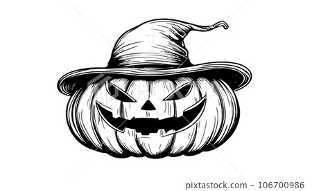 Sketch of a pumpkin face. Halloween pumpkin drawing, scary faces, jack o lantern engraving for autumn holiday, spooky ghost, pumpkin doodle, halloween pumpkin sketch vector illustration 106700986