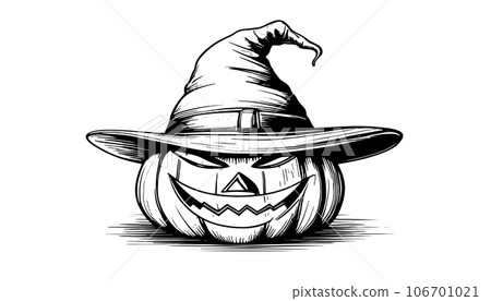 Sketch of a pumpkin face. Halloween pumpkin drawing, scary faces, jack o lantern engraving for autumn holiday, spooky ghost, pumpkin doodle, halloween pumpkin sketch vector illustration 106701021