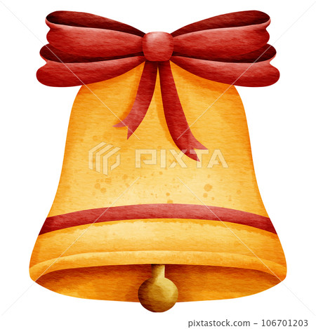 Isolated cute yellow christmas bell with red ribbon bow in watercolor style and transparent background 106701203