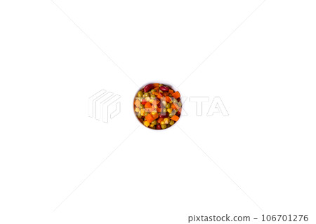 A mixture of chopped vegetables paprika, corn, peas in white plate A mixture of chopped vegetables paprika, corn, peas in white plate 106701276