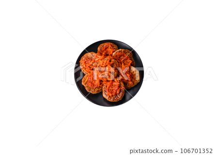 Fried cutlets from minced meat in frying pan and spices Fried cutlets from minced meat in frying pan and spices 106701352