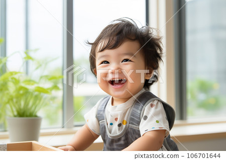 “AI-generated image” of a Japanese baby playing happily in the living room 106701644