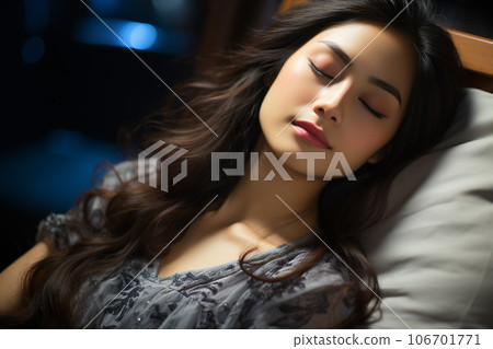 "AI-generated image" of a woman sleeping in bed and a sound sleep image 106701771