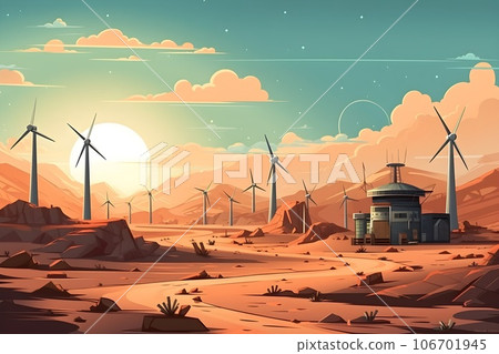 Wind power plant and factory. Wind turbines. Green energy industrial concept. Wind power plant and factory. Wind turbines. Green energy industrial concept. 106701945