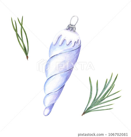 Xmas glass icicle toy for Christmas tree decoration. Fresh green pine needles. Design element. Watercolor illustration for New Year cards, greetings Xmas glass icicle toy for Christmas tree decoration. Fresh green pine needles. Design element. Watercolor illustration for New Year cards, greetings 106702081