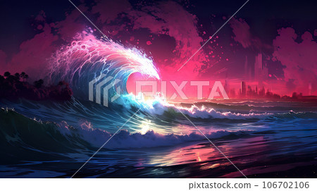 big ocean tsunami wave, in style of purple, blue and pink fantasy, fantastic illustration, generative AI 106702106
