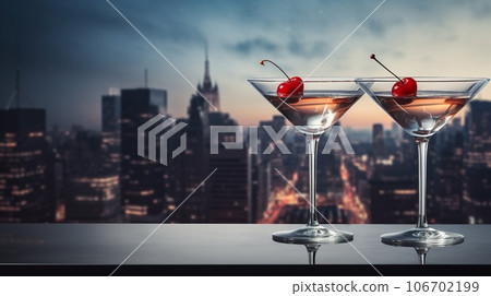 two colorful drinks in martini glass, big night city background, illuminated light skyline and skyscraper, generative AI 106702199