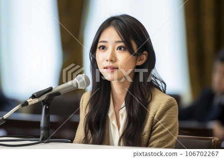 Japanese female journalist speaking in front of... - Stock Illustration ...