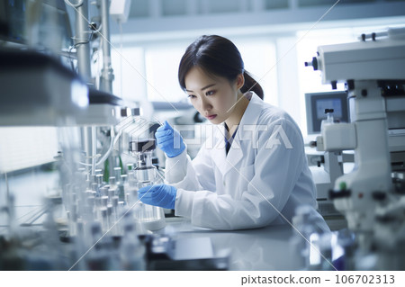 一位身穿白大褂在研究機構工作的日本女研究員的“人工智能生成圖像” 106702313