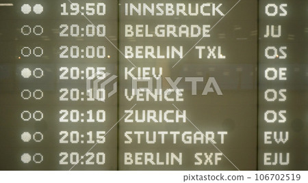 Modern plane departures board with detail on European city destinations typed in illuminated letters at Schwechat airport 106702519