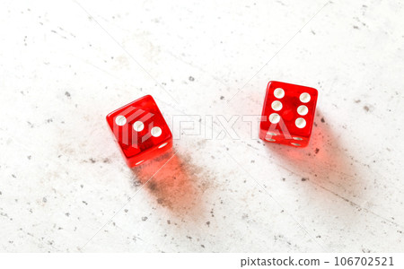 Two red craps dices showing Centerfield Nine - Nina (Number 3 and 6) overhead shot on white board Two red craps dices showing Centerfield Nine - Nina (Number 3 and 6) overhead shot on white board 106702521