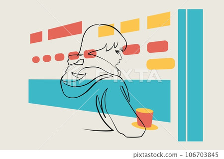 Minimalist Drawing of a Woman near Cafe Window with Evening City View, Continuous Line 106703845