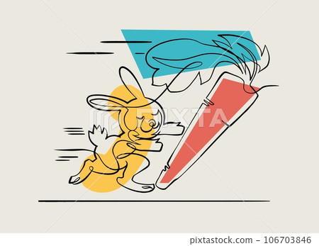 Yellow rabbit chasing a giant carrot, one line vector Yellow rabbit chasing a giant carrot, one line vector 106703846