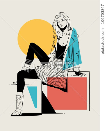 Woman Sitting in Jean Jacket on Geometric Shape, Minimalist Style Fashion Illustration Woman Sitting in Jean Jacket on Geometric Shape, Minimalist Style Fashion Illustration 106703847