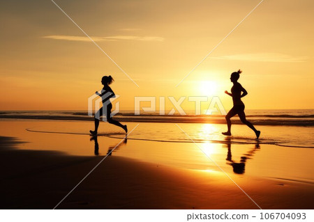 Two runners on beach morning. Sport summer. Generate Ai 106704093