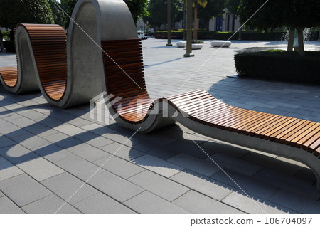 Bench for rest in a city park on the shores of the Mediterranean Sea in Israel. Bench for rest in a city park on the shores of the Mediterranean Sea in Israel. 106704097