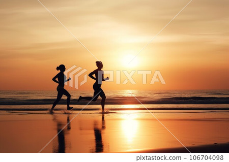 Two runners on beach. Active workout. Generate Ai Two runners on beach. Active workout. Generate Ai 106704098