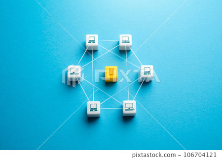 Computer network and data server. P2P communication. Distributed computing tasks across a network of nodes. Decentralizing connectivity, optimizing resource usage, enhancing data availability 106704121