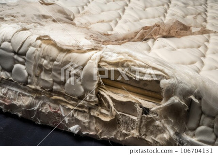 Torn damaged mattress. Garbage bedroom. Generate Ai Torn damaged mattress. Garbage bedroom. Generate Ai 106704131