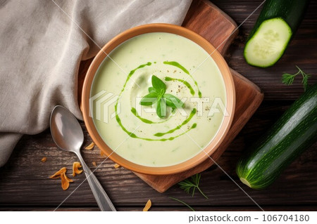 Tasty zucchini cream soup top view. Vegetable diet. Generate Ai 106704180