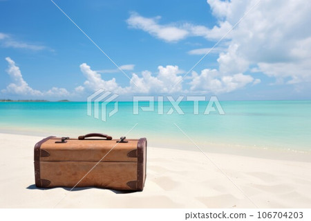 Suitcase tropical beach. Sea tropical trip. Generate Ai 106704203