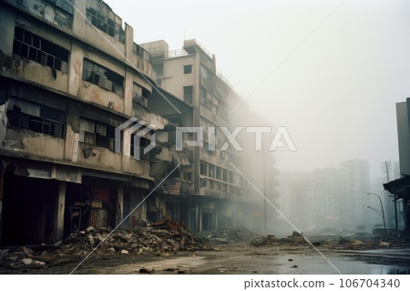 Destroyed city buildings. Street war invasion. Generate AI Destroyed city buildings. Street war invasion. Generate AI 106704340