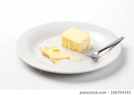 Plate piece butter with fork. Food dairy. Generate AI Plate piece butter with fork. Food dairy. Generate AI 106704345