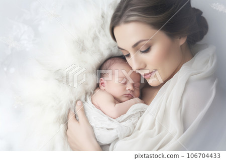 Beautiful young mother with her newborn baby on light background, closeup Beautiful young mother with her newborn baby on light background, closeup 106704433