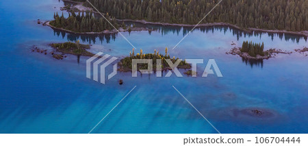 Aerial View of Rocky Islands and Green Trees on Glacier Lake. Garibaldi, Whistler, British Columbia, Canada. Nature Background 106704444