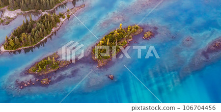 Aerial View of Rocky Islands and Green Trees on Glacier Lake. Garibaldi, Whistler, British Columbia, Canada. Nature Background 106704456