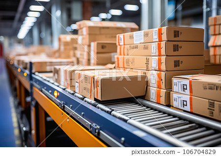 Cardboard boxes, parcels on a conveyor belt at the post office. 106704829
