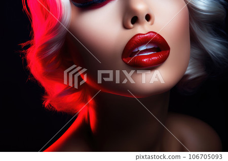 Beautiful red lips close up, festive evening make up Generative AI 106705093