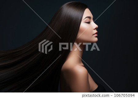 Beautiful woman with long straight hair on black background Generative AI 106705094