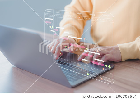 Business man working data analytics with computer in business management system to make report with KPI and metrics connected to database. Corporate strategy for finance, marketing, operations, 106705614