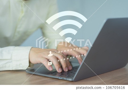 User using a computer laptop to connect to wifi but wifi not connected or password is incorrect and waiting to loading digital data form website, concept technology of waiting for connect to wifi. 106705616