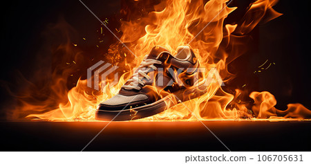 sport shoe in flame, sneaker burning, creative ad for banner concept, generative AI sport shoe in flame, sneaker burning, creative ad for banner concept, generative AI 106705631