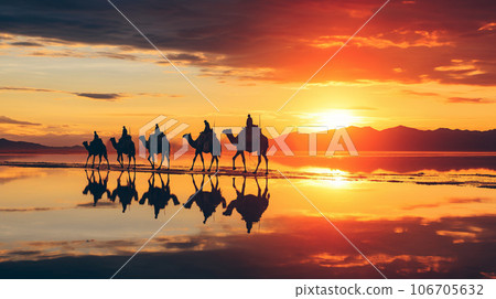 silhouette of camel caravan with bedouins travelling desert, sand an sky, generative AI 106705632