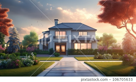 modern house with green lawn at summer, generative AI 106705633