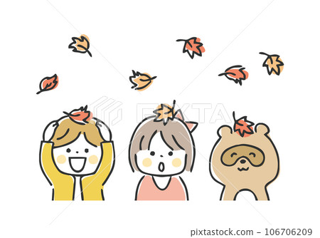 Illustration of autumn leaves, children and raccoon 106706209