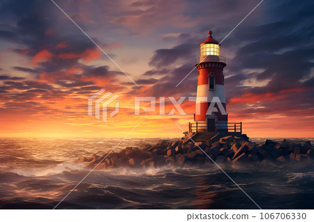 Beautiful sunset seascape with lighthouse 106706330