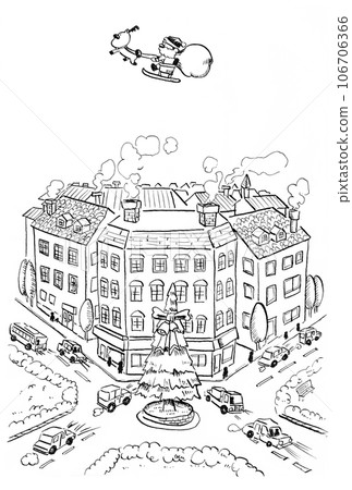 Christmas card - Stylish hand-drawn illustration of a flying Santa Claus and a city at night (monochrome, no text) 106706366