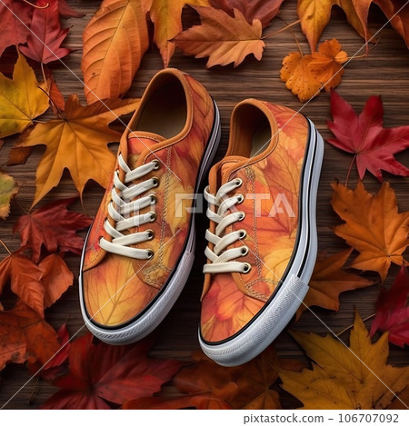 two pairs of converses with autumn leaves on the floor in the background photo two pairs of converses with autumn leaves on the floor in the background photo 106707092
