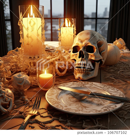 a skull on a table with candles and plates in front of it, as if there's no place to sit a skull on a table with candles and plates in front of it, as if there's no place to sit 106707102