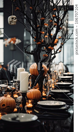 a table set for halloween dinner with pumpkins, candles and skulls hanging from the branches in the centerpiece a table set for halloween dinner with pumpkins, candles and skulls hanging from the branches in the centerpiece 106707104