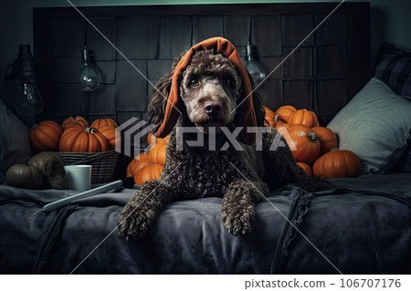 a dog sitting on a bed with pumpkins in the background and an open book laying on its back next to it a dog sitting on a bed with pumpkins in the background and an open book laying on its back next to it 106707176