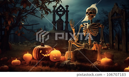 a skeleton sitting on top of a pile of pumpkins in front of a cemetery with a full moon behind a skeleton sitting on top of a pile of pumpkins in front of a cemetery with a full moon behind 106707183