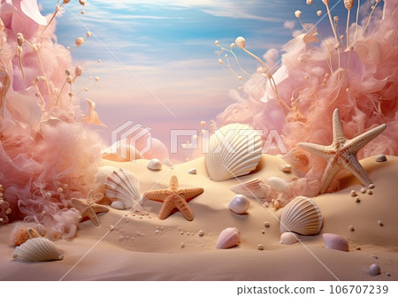 shells on the beach with pink flowers and seaweeds in the background is a blue sky filled with white clouds shells on the beach with pink flowers and seaweeds in the background is a blue sky filled with white clouds 106707239